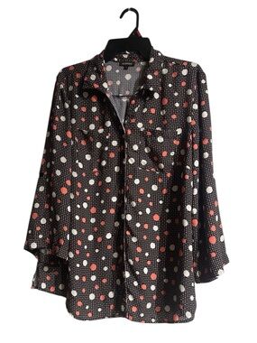 EMOTIONS Polka Dot Button Down Blouse in Black & Coral. Plus size 15